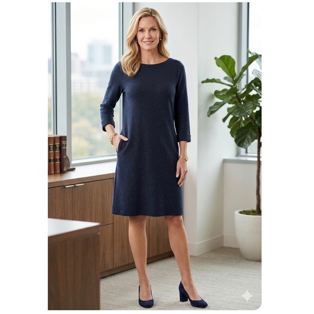 J.Jill Wearever Navy Blue Textured Boat Neck Shift Dress with Pockets Womens L